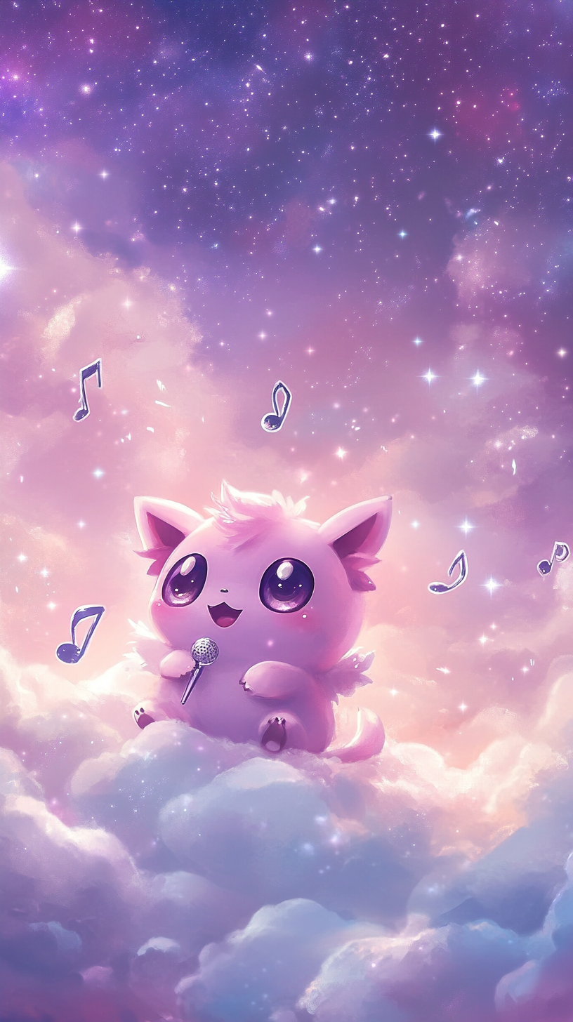 Adorable Jigglypuff sings on fluffy cloud in sky.