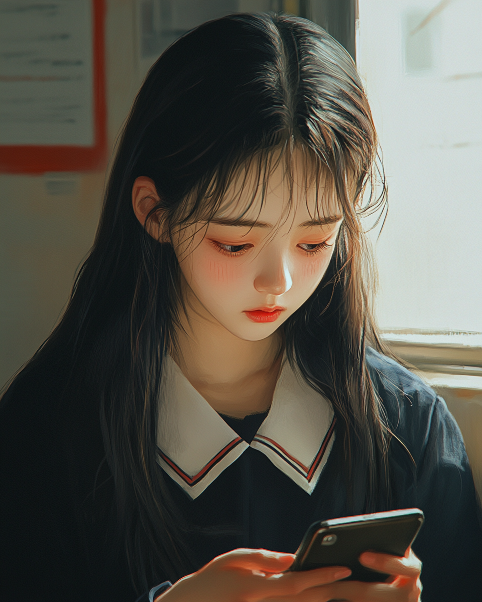 Adorable Korean high school girl looking sad on phone.