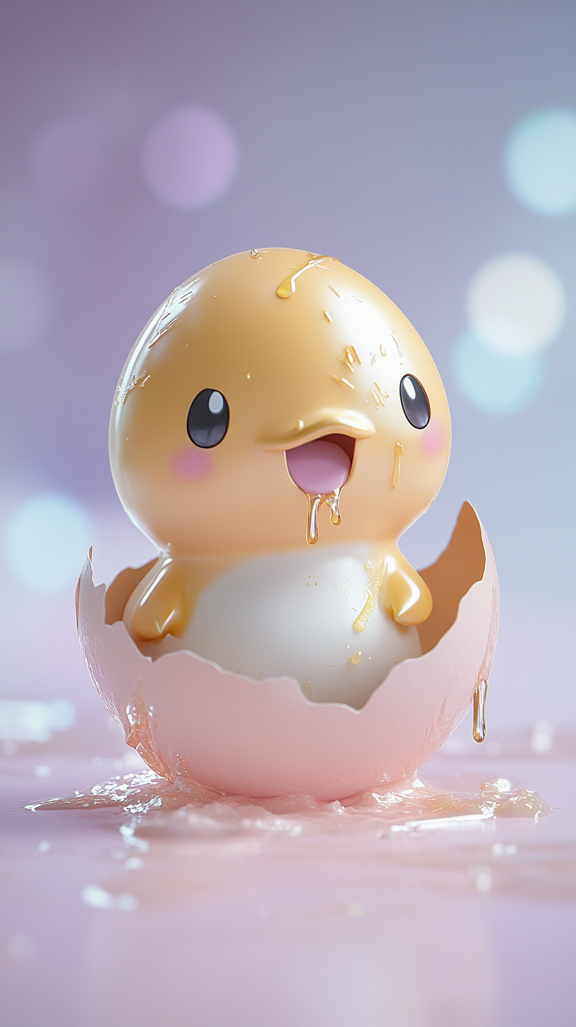 Adorable Psyduck emerges from colorful cracked egg. Confused cutie.