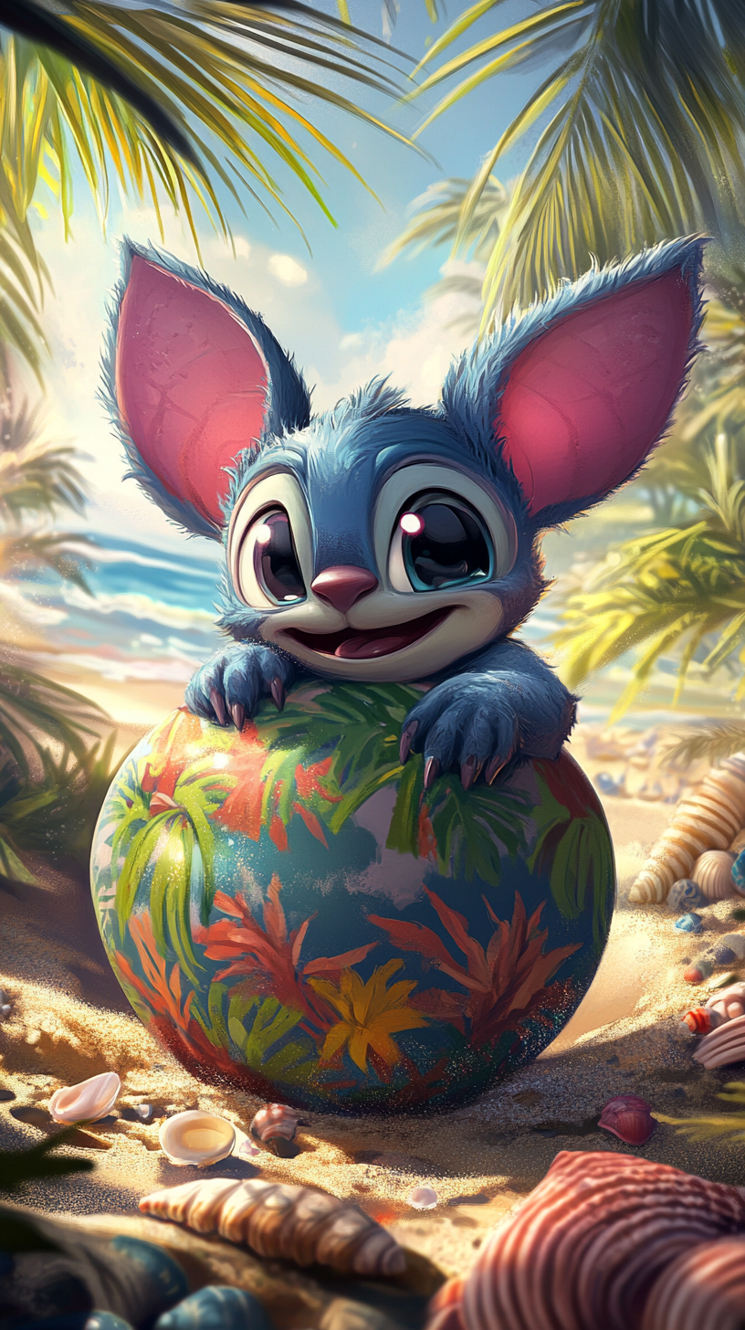 Adorable Stitch in colorful egg on tropical beach scene.