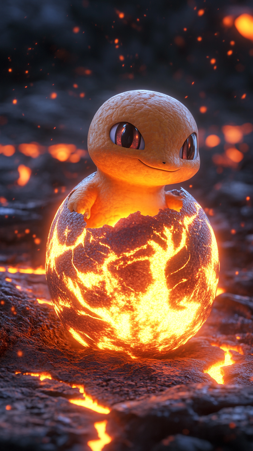 Adorable baby Charmander hatching from fiery cracked egg.