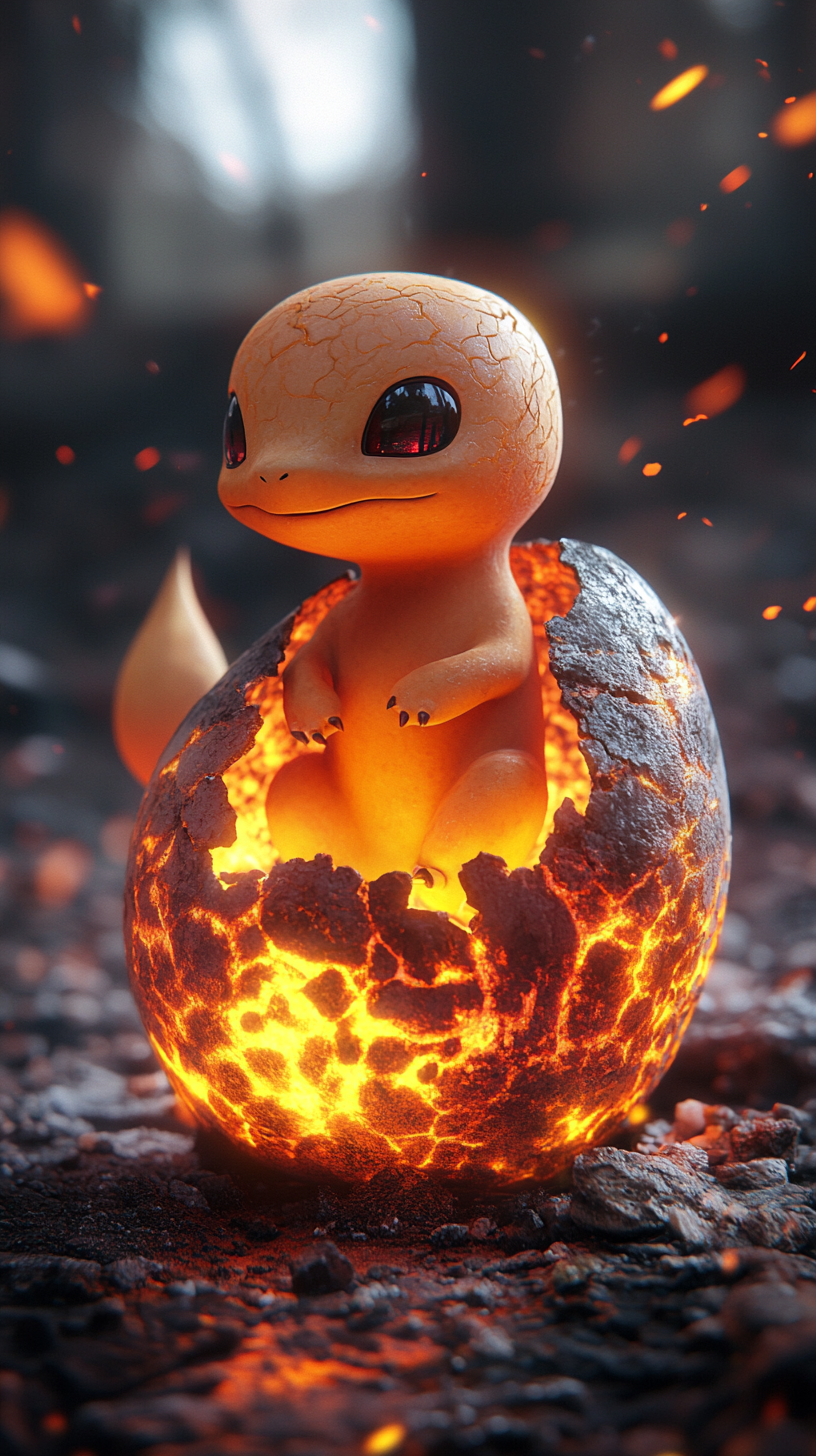 Adorable baby Charmander hatching from glowing egg with flames.