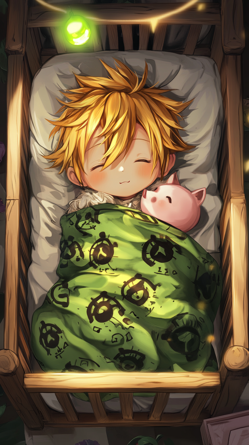 Adorable baby Meliodas sleeps peacefully in magical crib.