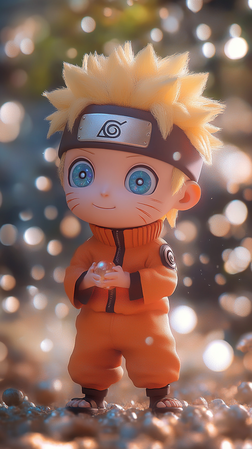 Adorable baby Naruto in cute 'uwu' style with chakra.