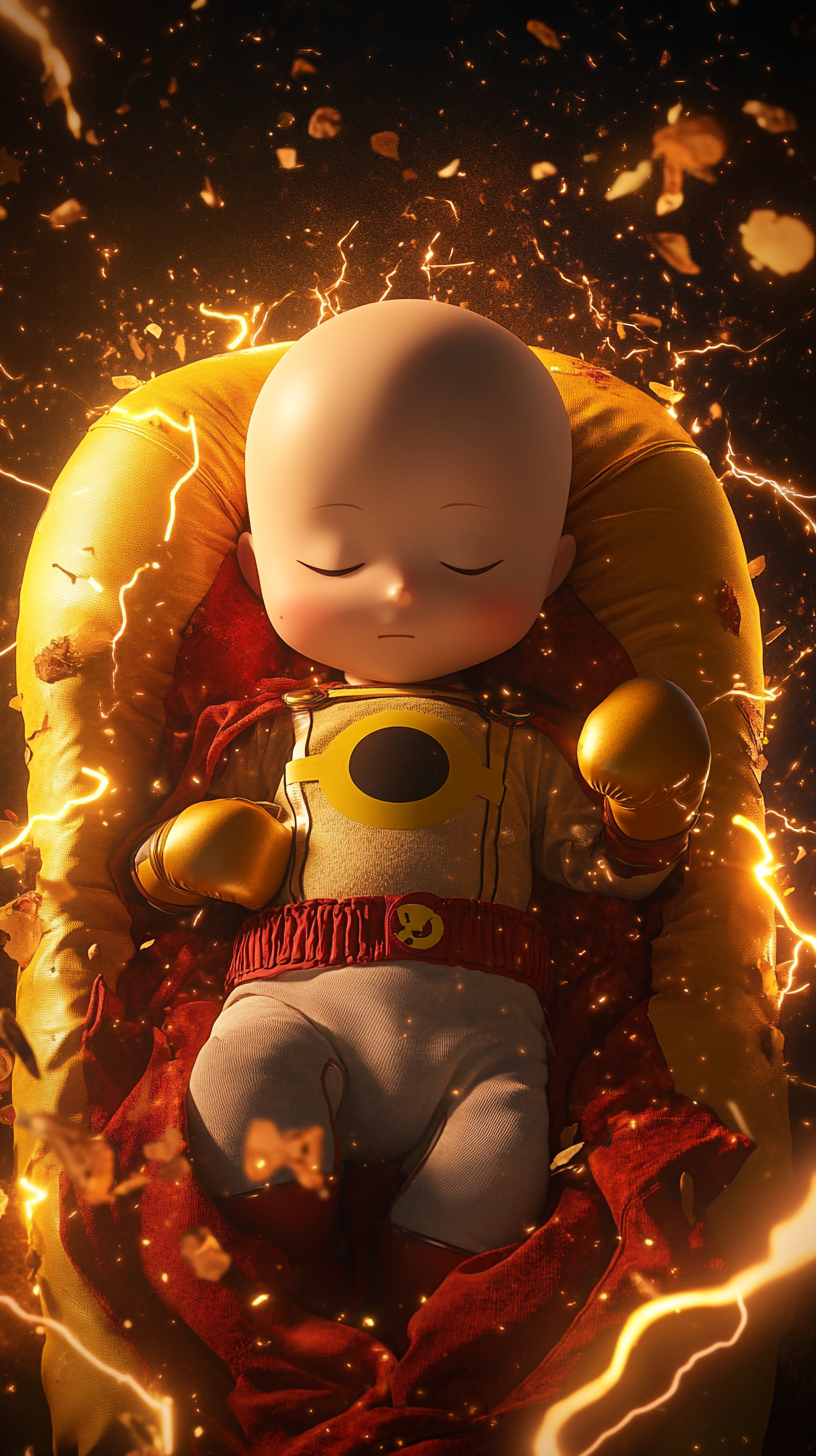 Adorable baby Saitama in superhero cradle with Genos plush.