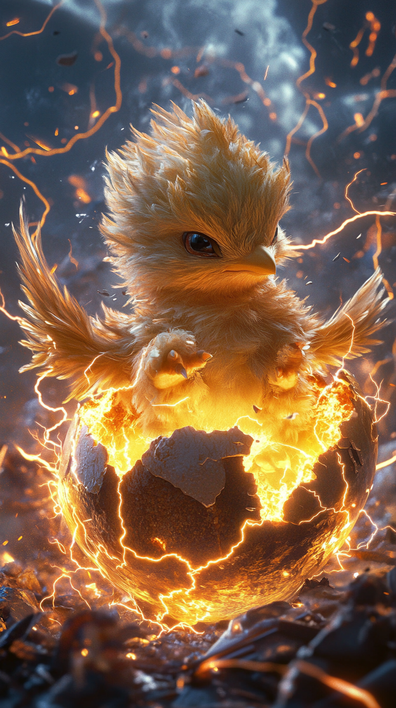 Adorable baby Zapdos hatching from lightning-charged egg.