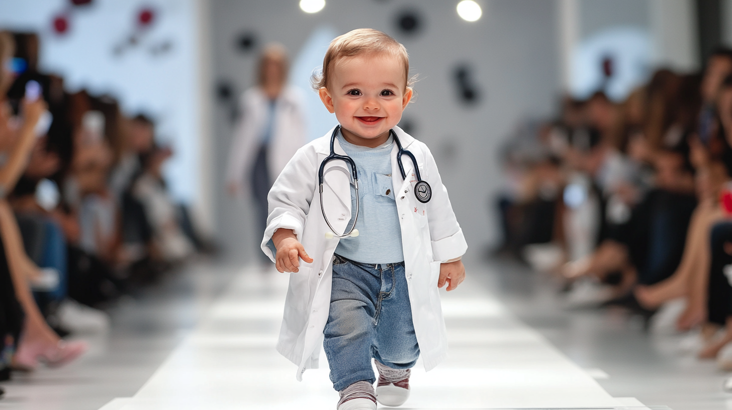 Adorable baby in doctor outfit, confidently strutting runway.