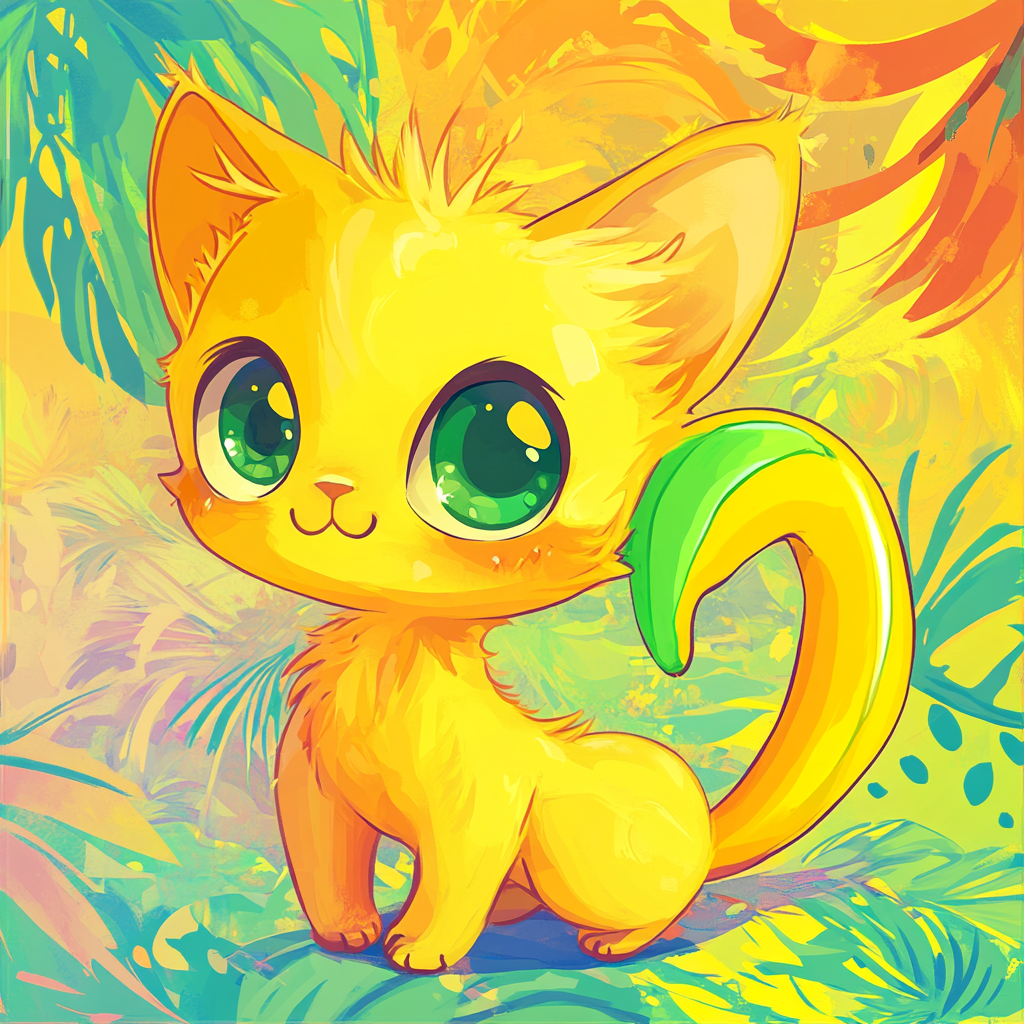 Adorable chibi cat with banana-shaped body and cheerful expression.