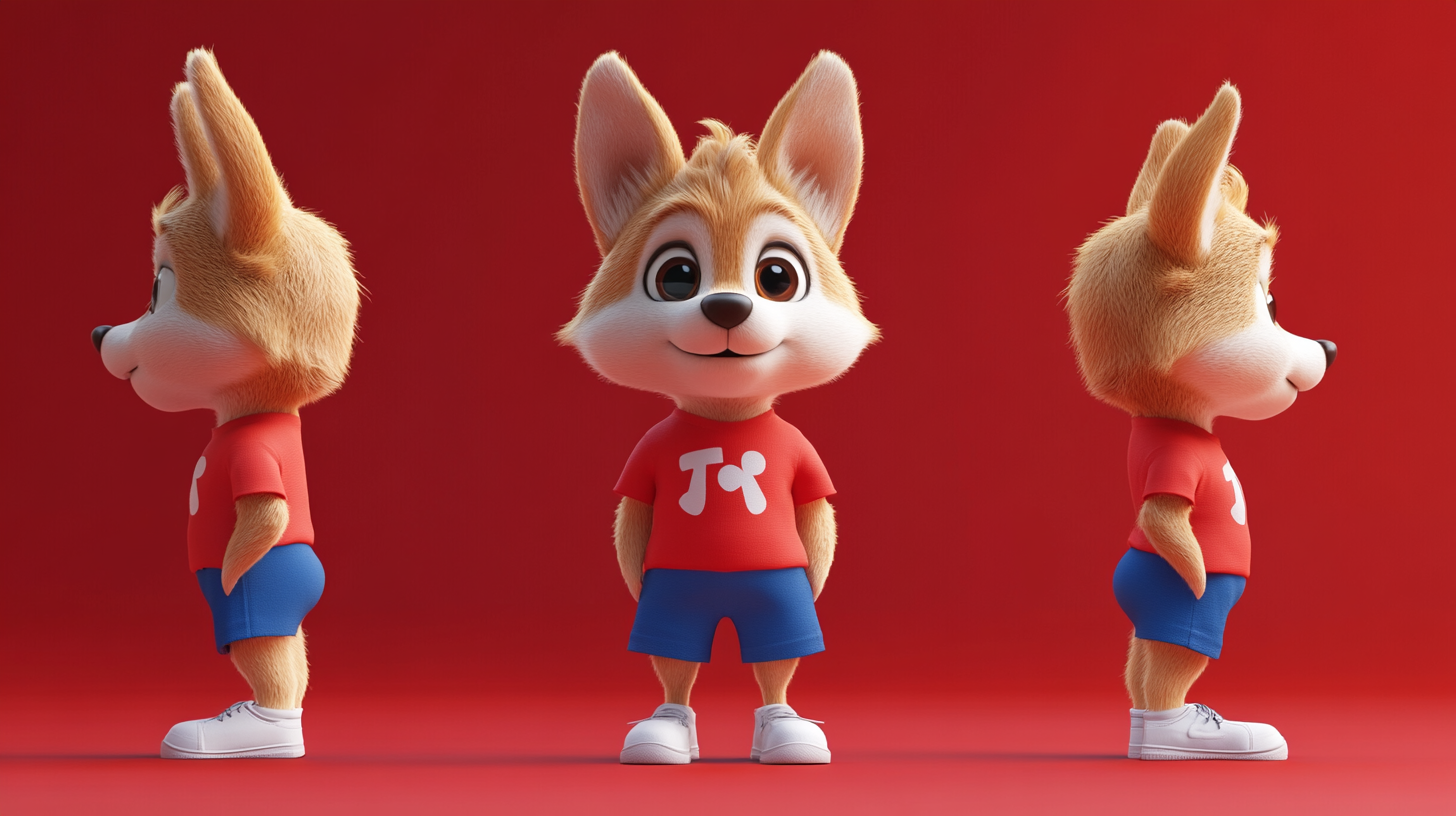 Adorable dog character in red shirt, blue shorts.