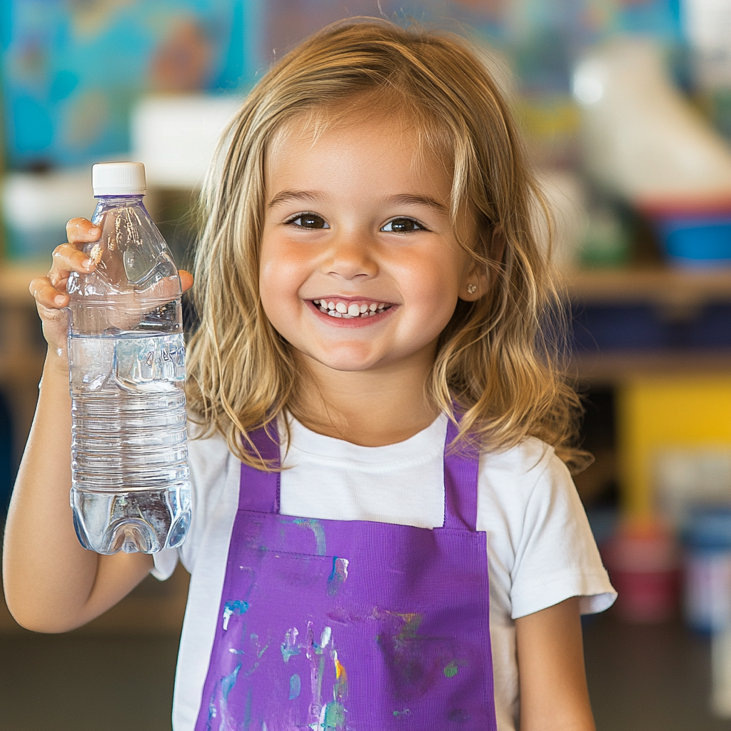 Adorable girl in white shirt and purple apron.