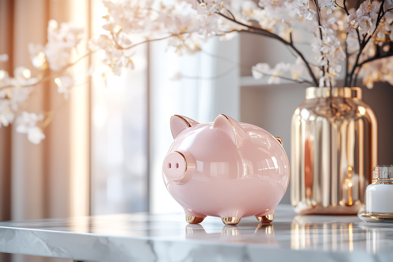 Adorable pink piggy bank on marble surface