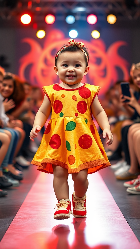 Adorable pizza baby struts on festive runway.