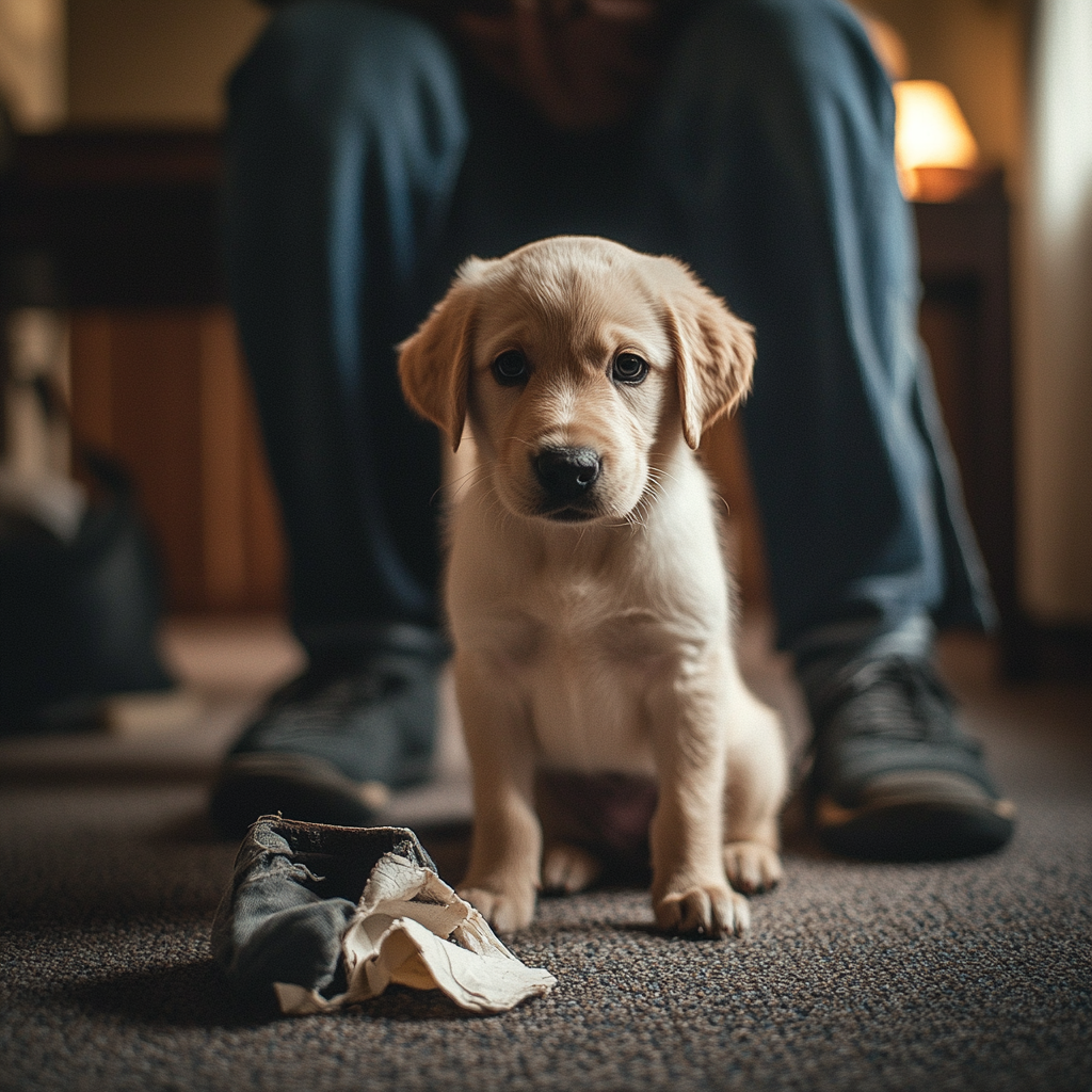 Adorable puppy with owner, torn shoe nearby, indoors shot.