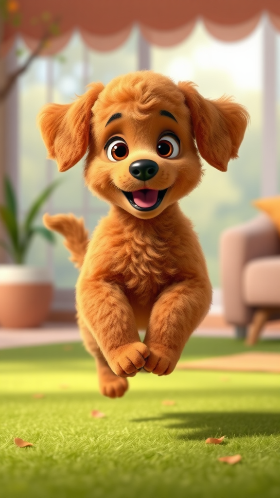 Adorable red Cavapoo in playful Pixar-style animation