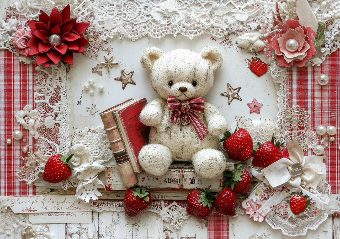 Adorable scrapbook page with teddy bear and strawberries