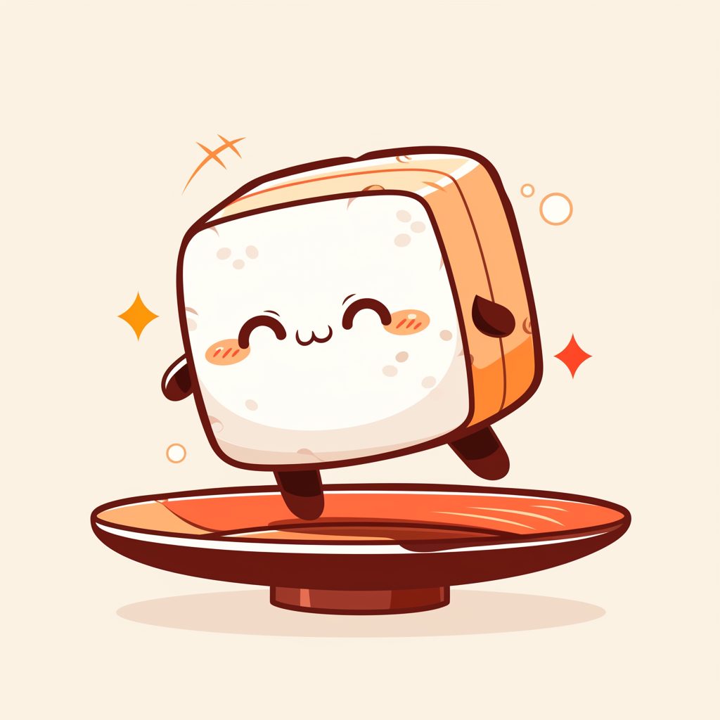 Adorable tofu character with black lines in pastel colors.