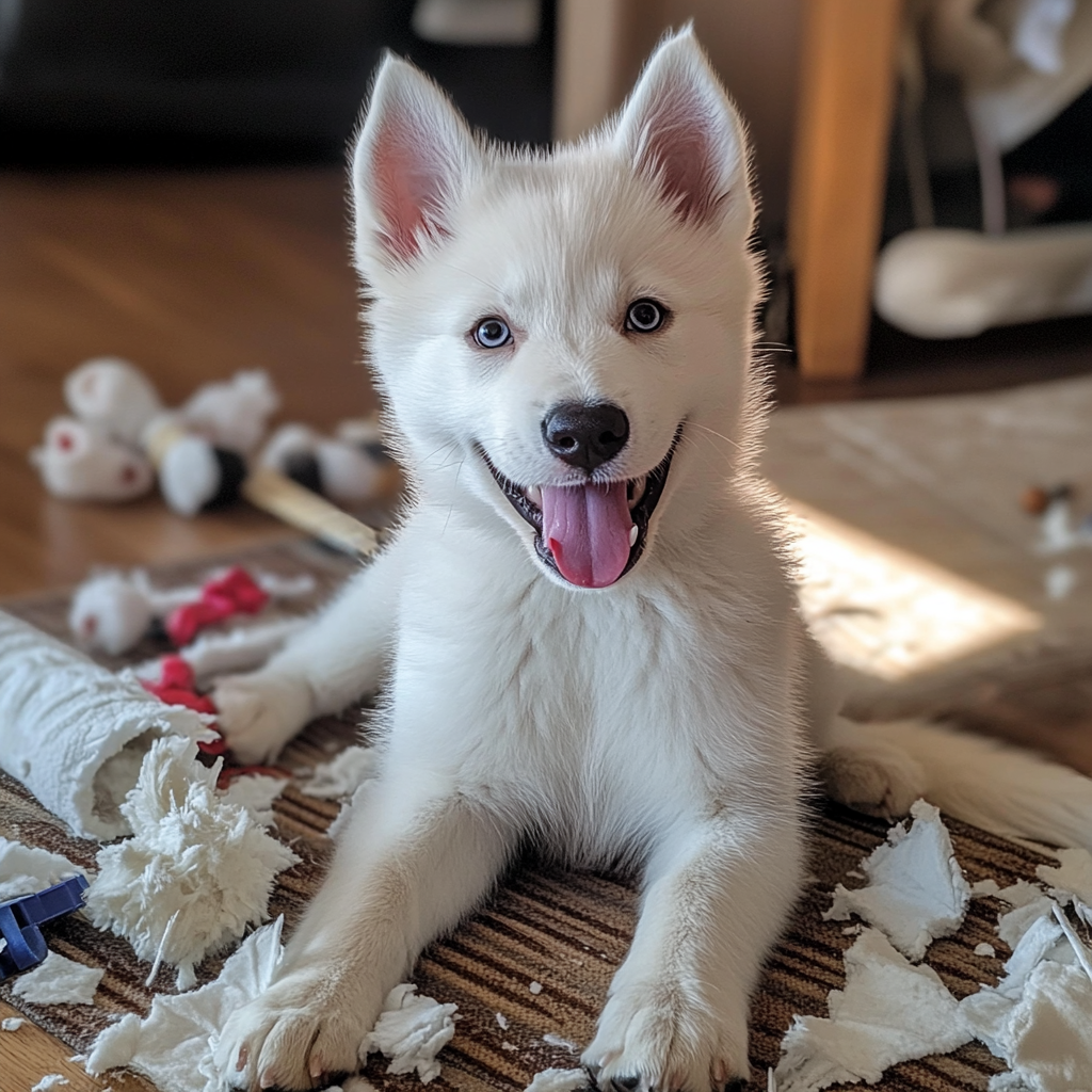 Adorable white husky puppy sitting with torn toys.