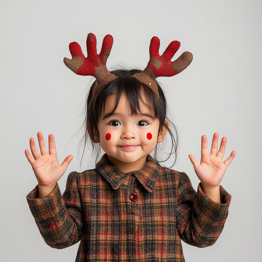 Adorable young girl with reindeer antlers and red nose