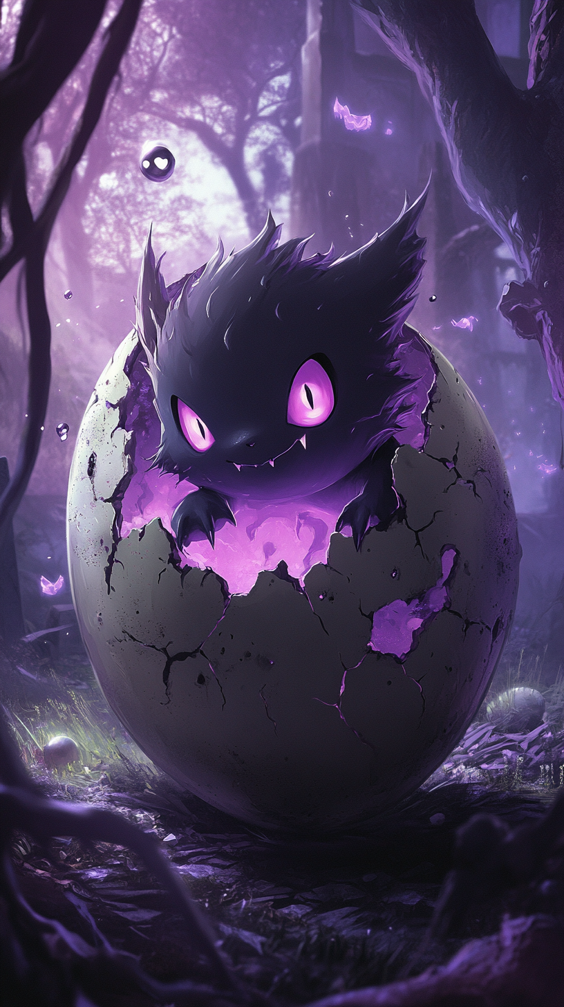 Adorably mischievous baby Gengar emerging from glowing egg.