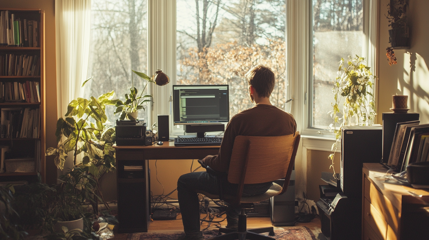 Adult Man Working on Computer in Morning Light