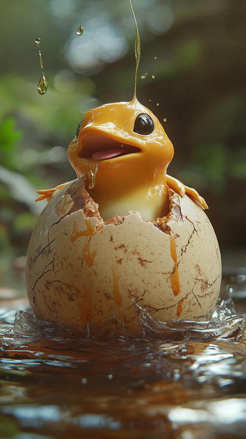 Adult Psyduck Pokémon hatching from egg with liquid drip.