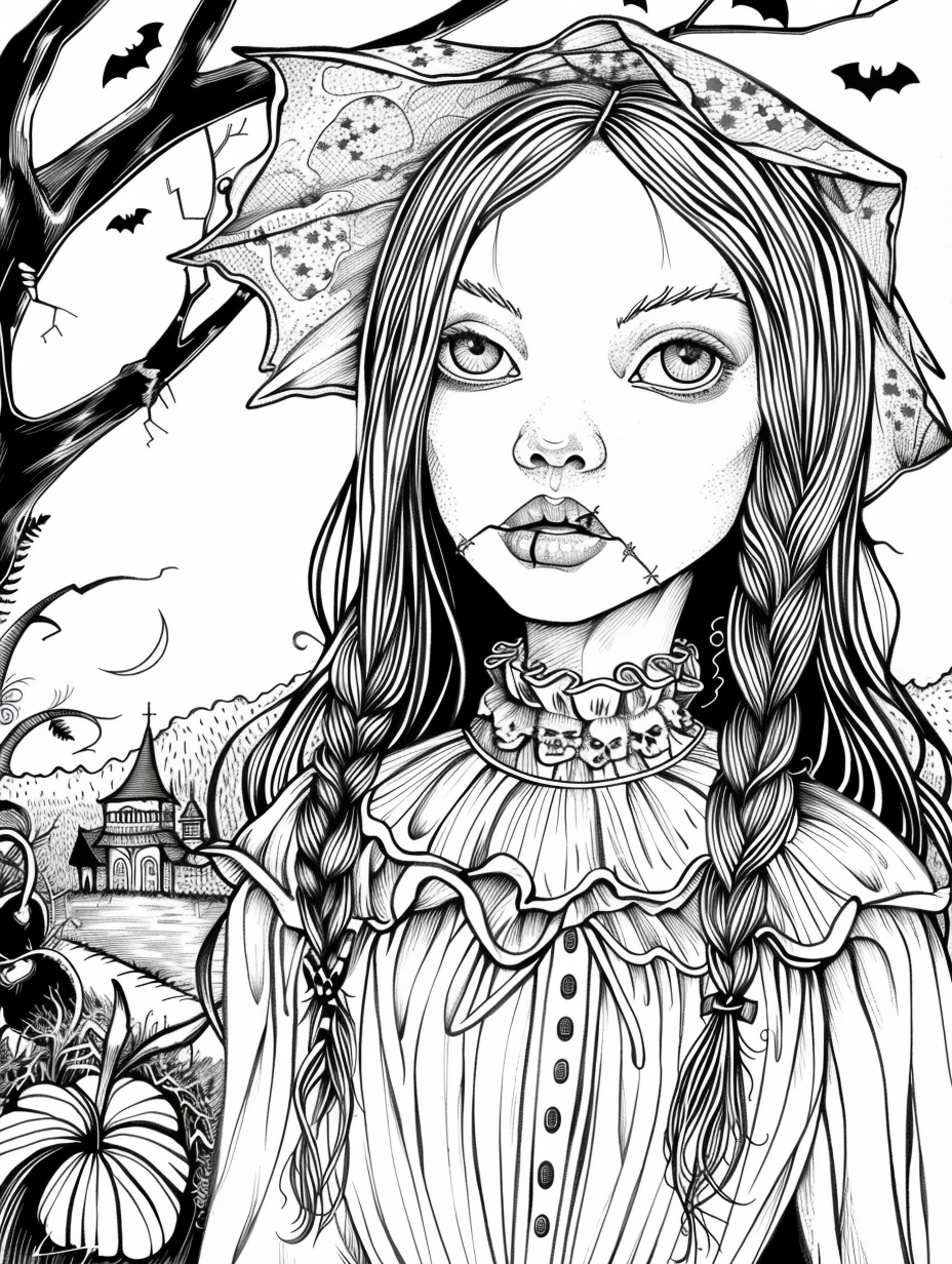 Adult coloring book page: gothic girl, Halloween scene.