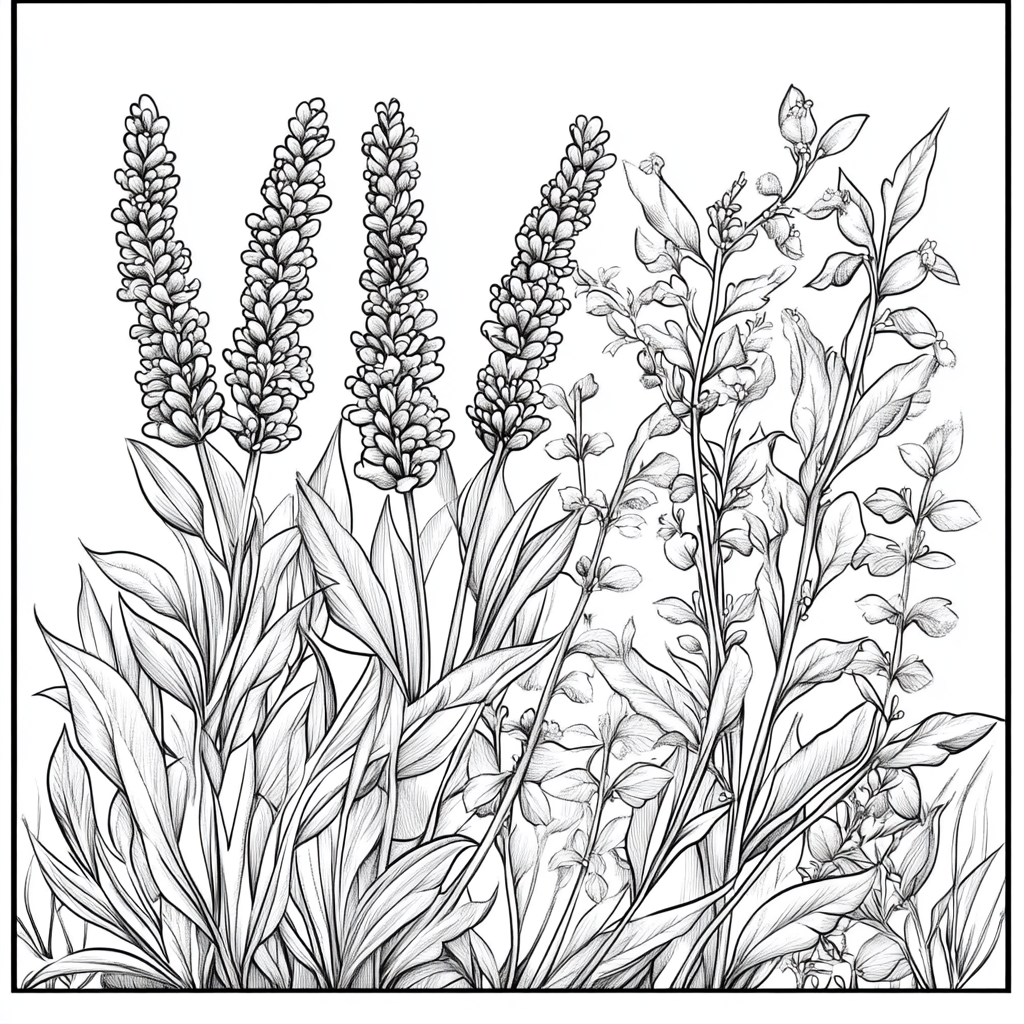 Adult coloring book with detailed line drawings of plants