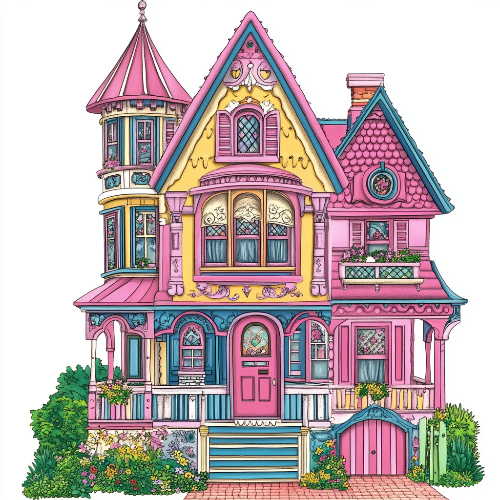 Adult coloring page of doll house with vibrant colors.