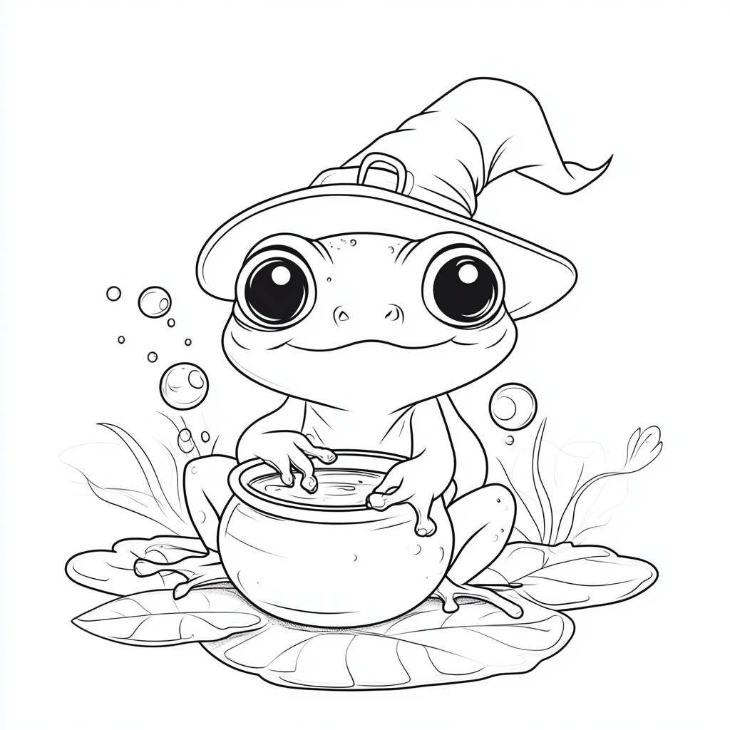 Adult coloring page with frog in witch's hat.