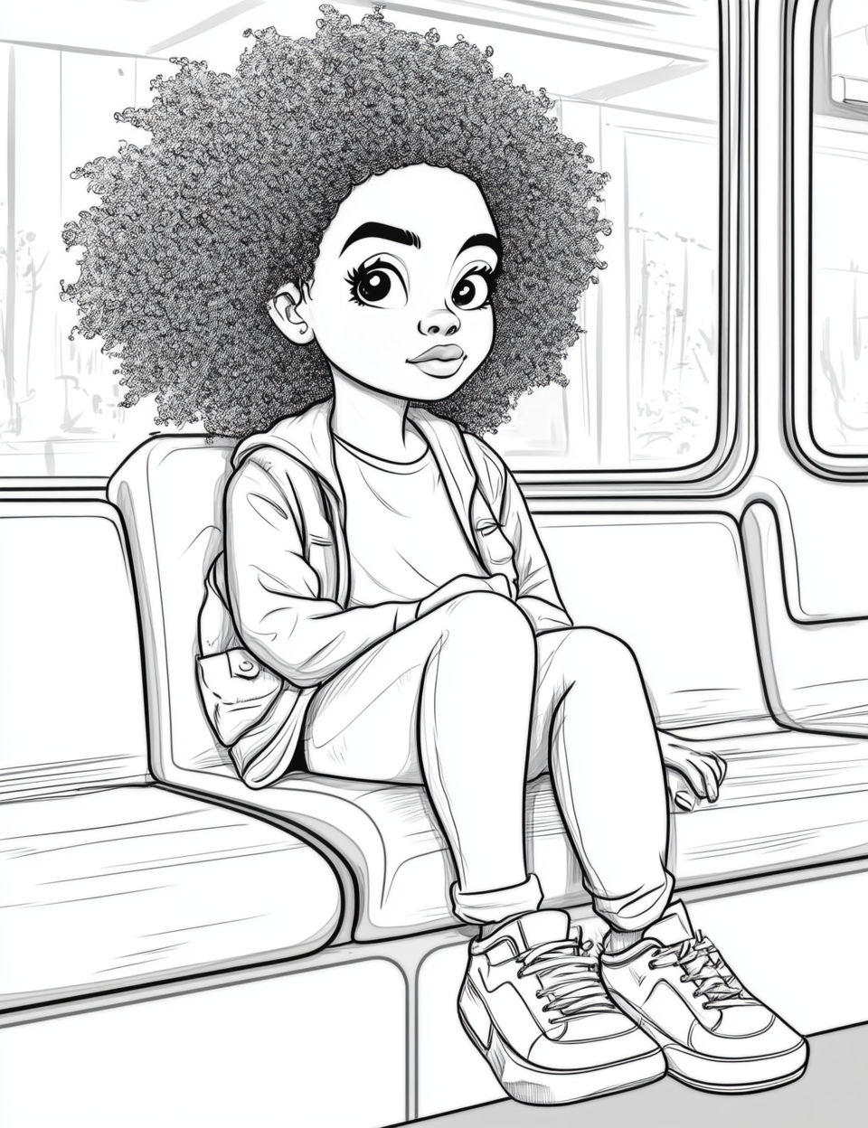 Adult coloring page: girl with Afro hair on train.