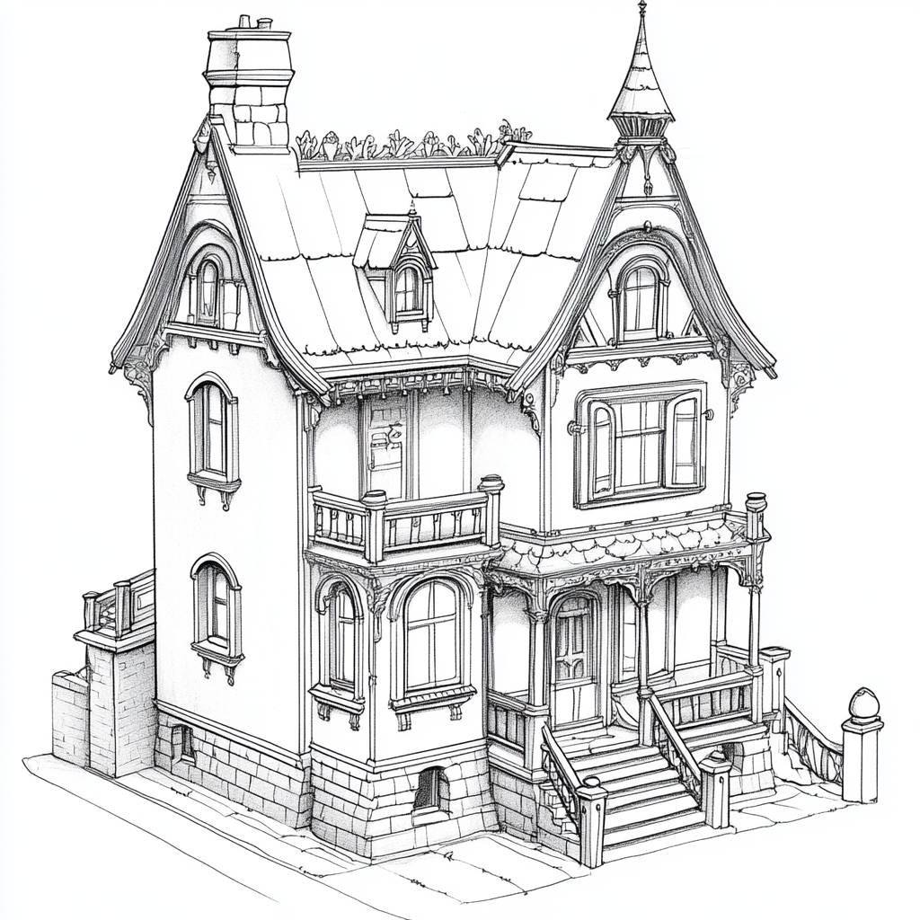 Adult dollhouse coloring book page in top right view.