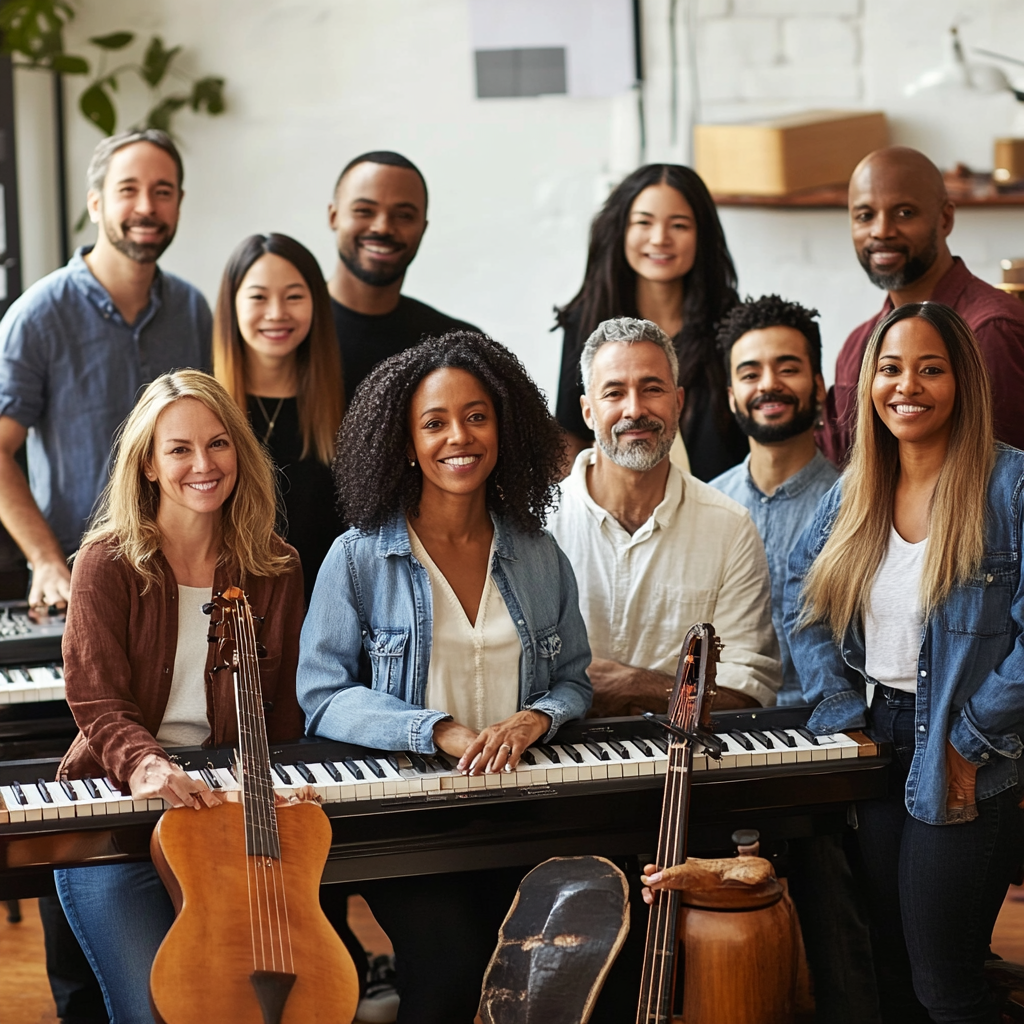 Adult music class in modern studio with instruments, smiling.