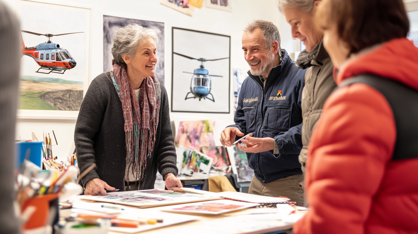 Adults in art room drawing helicopters and smiling.