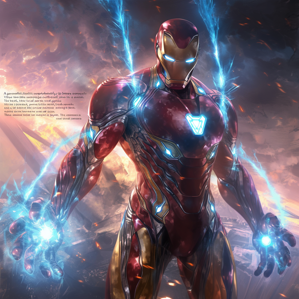 Advanced superhero in red and gold suit with blue lights.