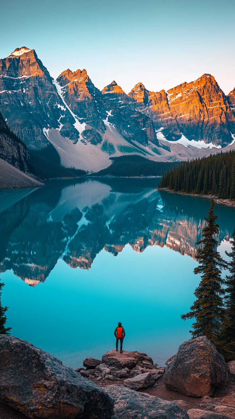 Adventurer admiring mountains reflected in crystal-clear lake. Sky's colors.