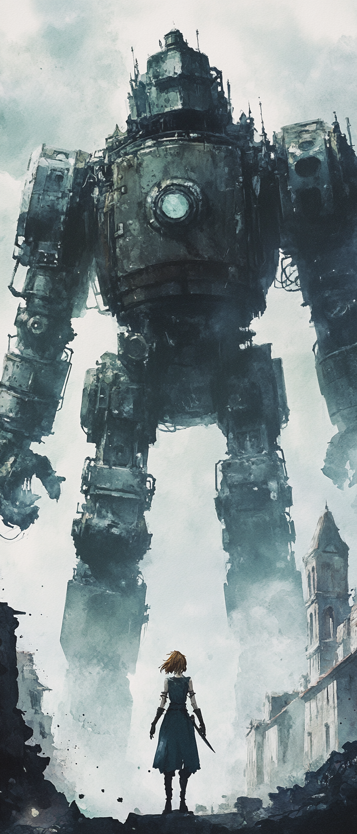 Adventurer and golem in eerie watercolor cityscape setting.