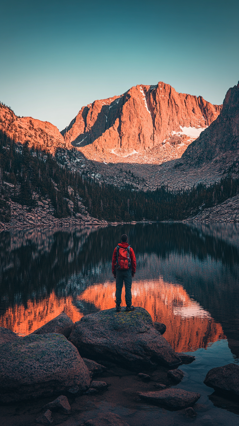 Adventurer gazes at mountain reflection in serene lake.