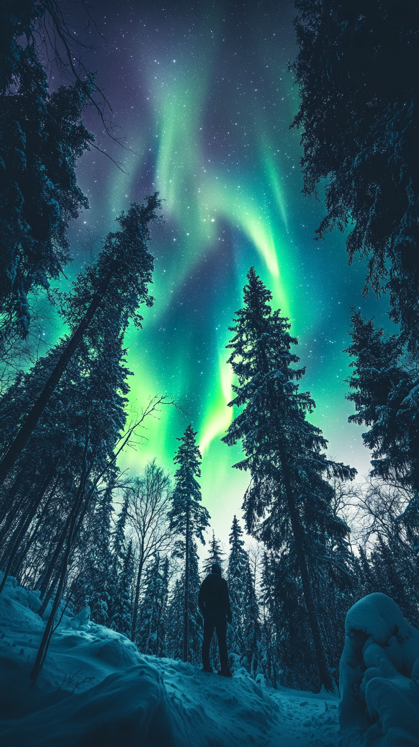 Adventurer in snowy forest admiring shimmering northern lights.