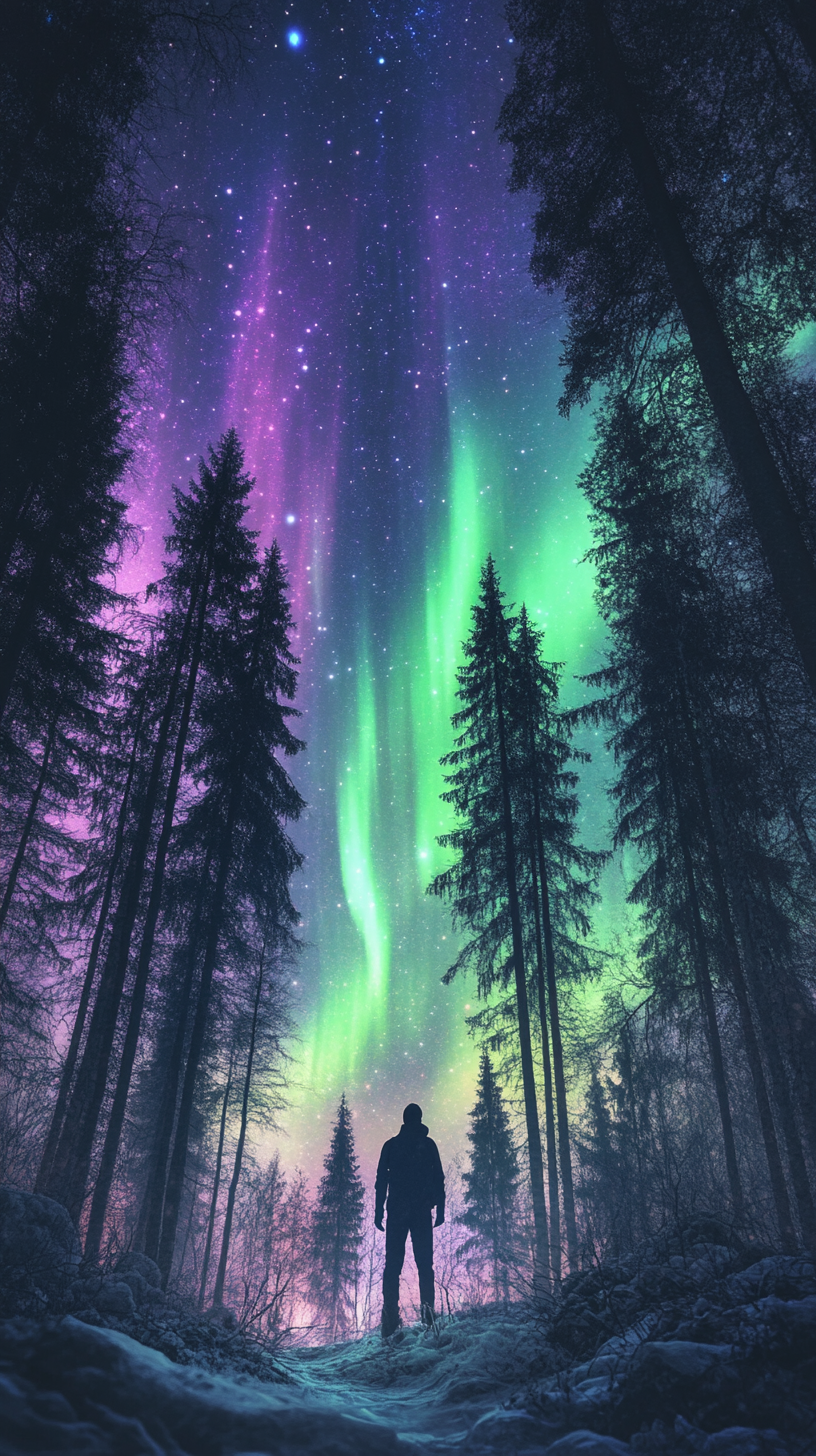 Adventurer mesmerized by vibrant northern lights in snowy forest.