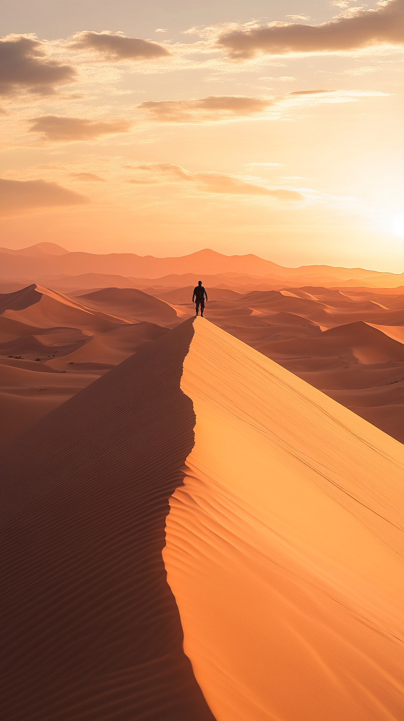 Adventurer on high sand dune at sunset, shadow casting.