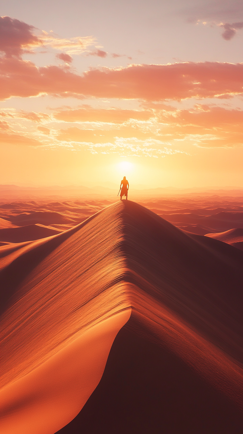 Adventurer on tall dune in golden desert sunset.