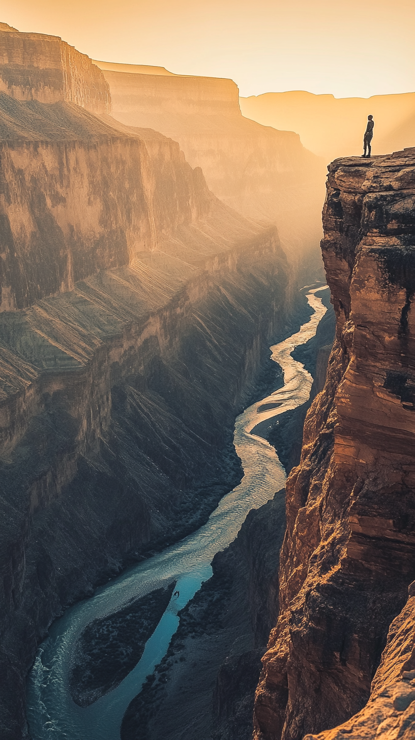 Adventurer overlooking canyon, river under golden sunset light.