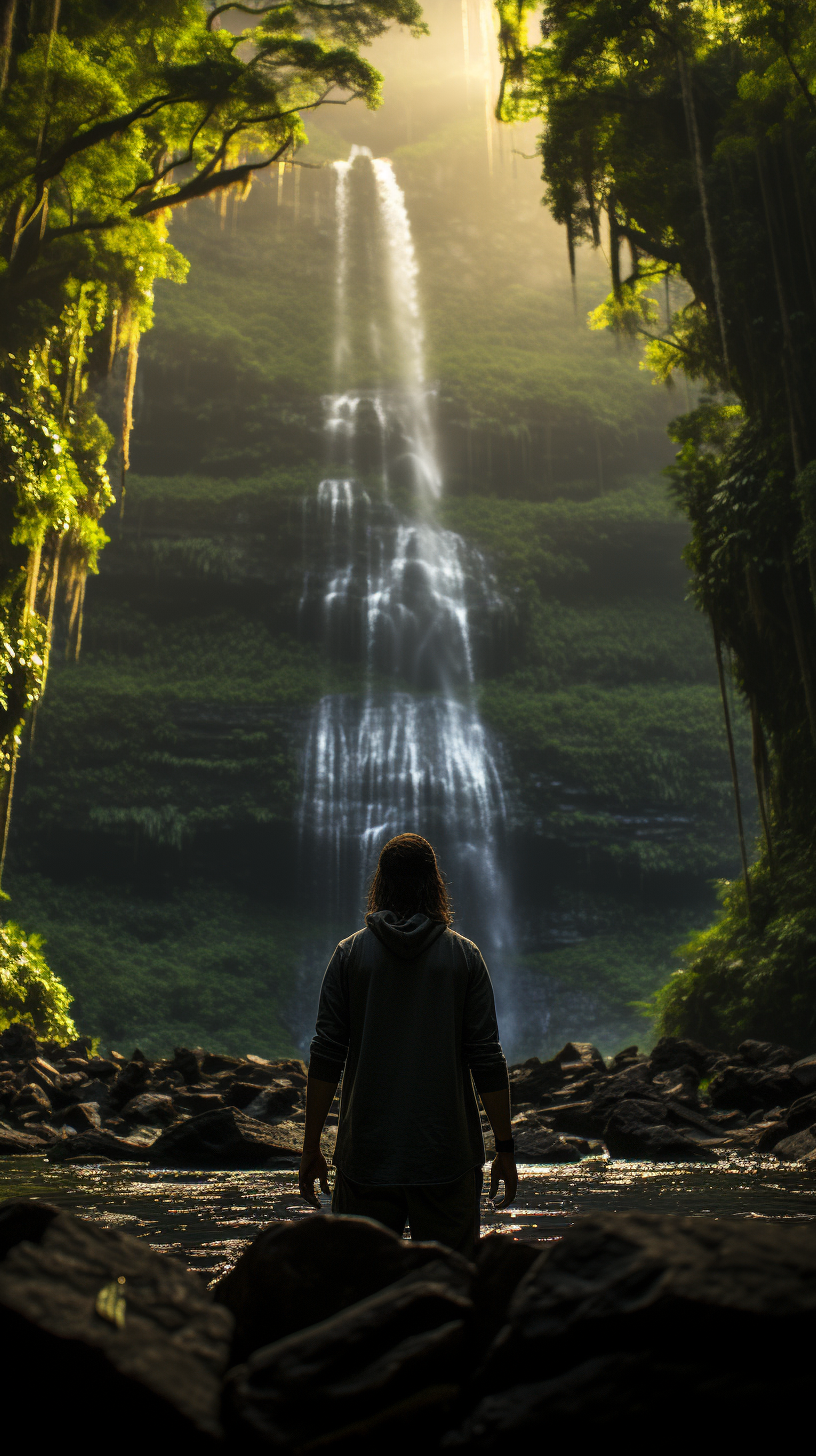 Adventurer overlooking lush rainforest with towering trees and waterfalls.