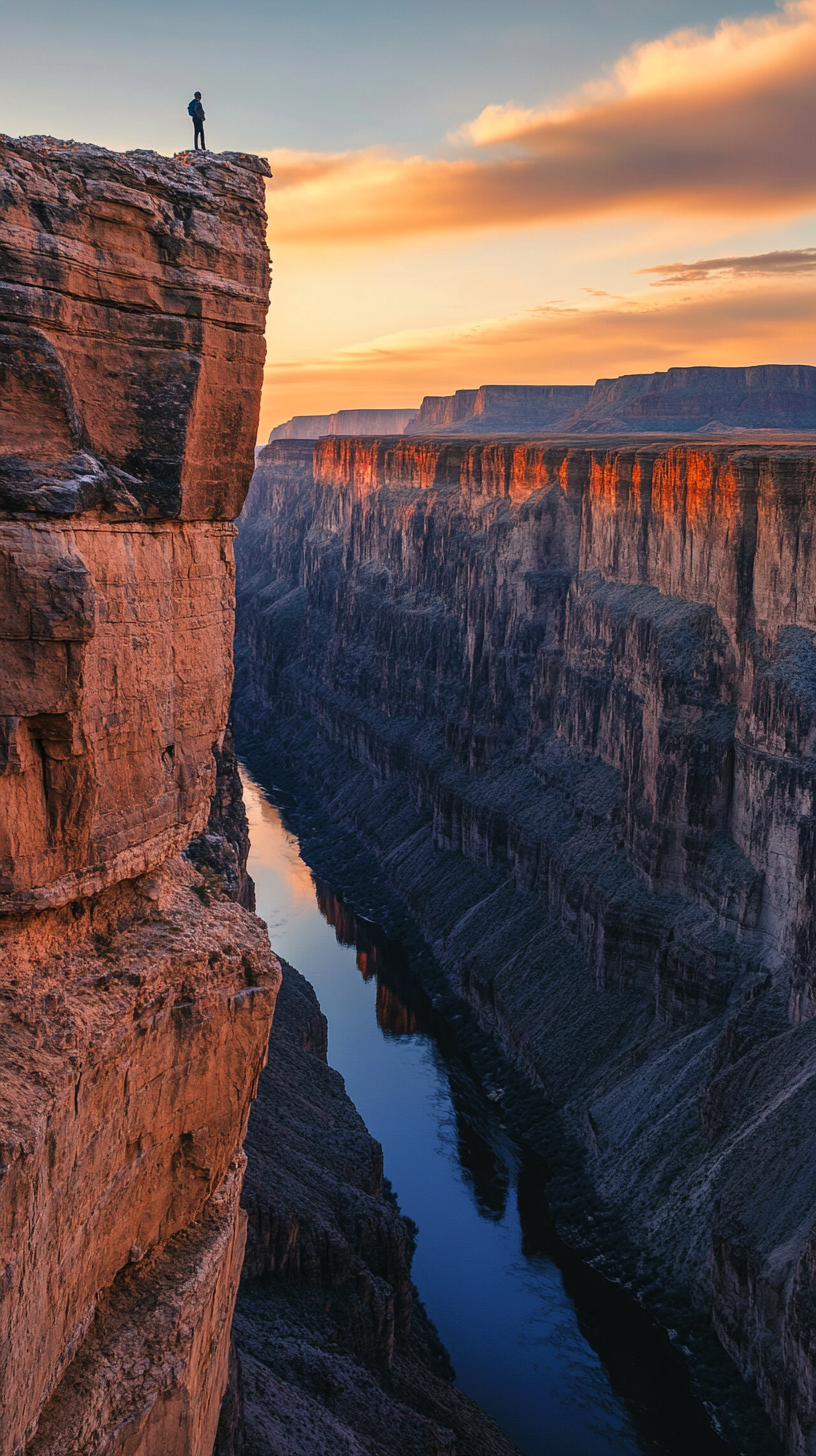 Adventurer standing at edge of stunning canyon, river below.