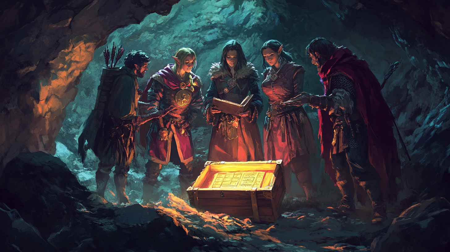 Adventurers in cave with broken chest, wizard holding tablet.