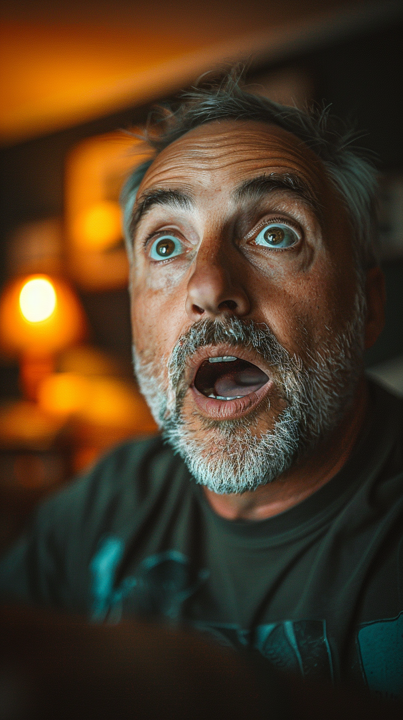 Advertisement featuring excited man, age 52, gray hair.Canon camera, aperture of 5.2.