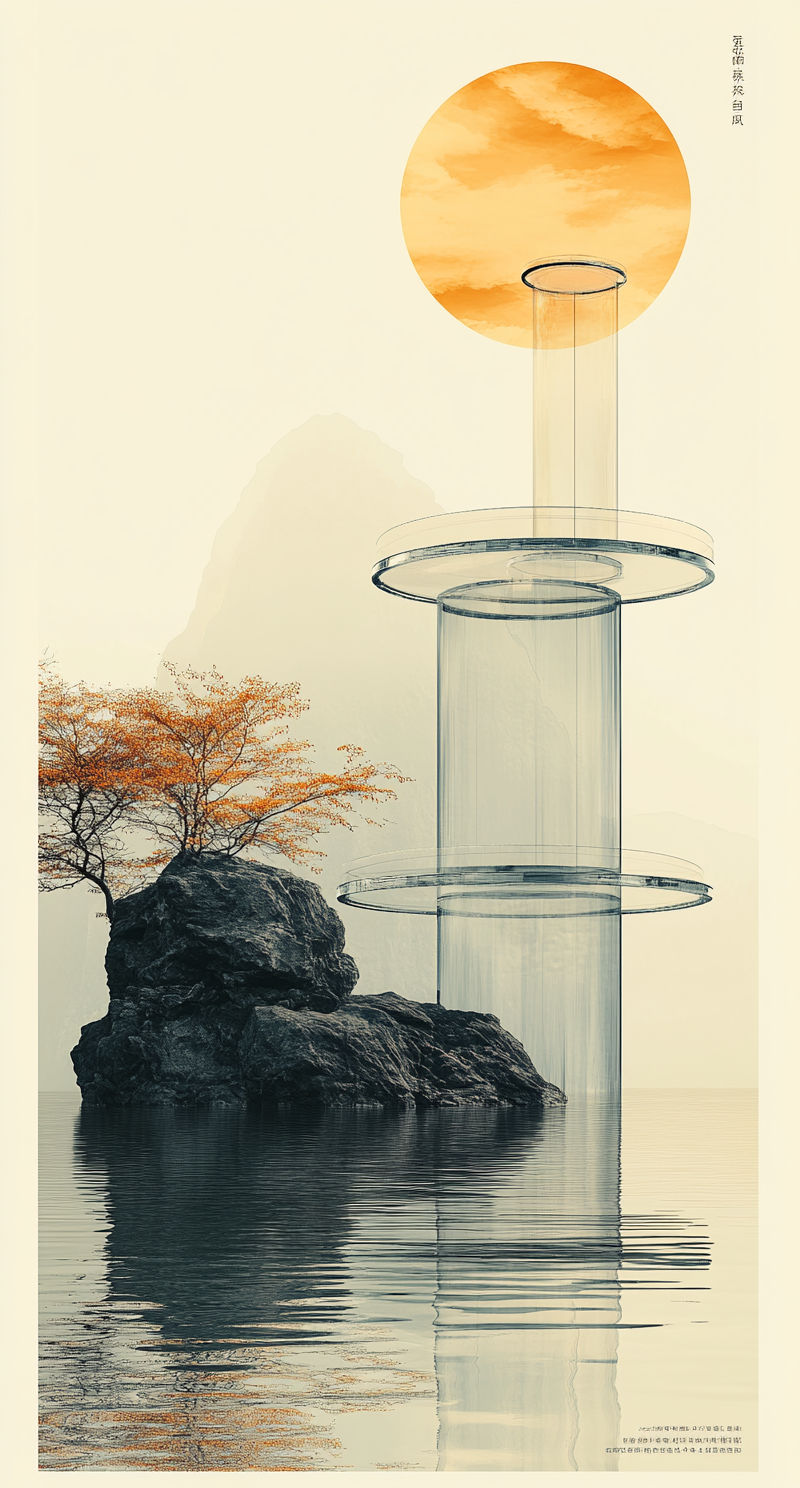 Advertising poster with white background. Main color: light yellow. Glass circular platforms designed by Chen Yifei.