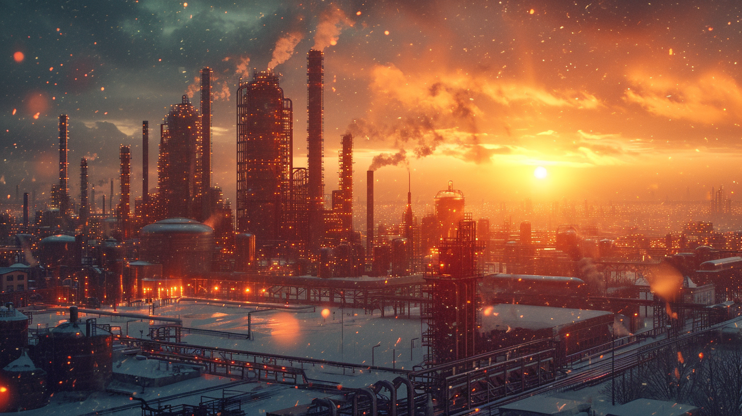 Aerial View of Enormous Chemical Plant on Snowy Sunset with Chinese Dragon