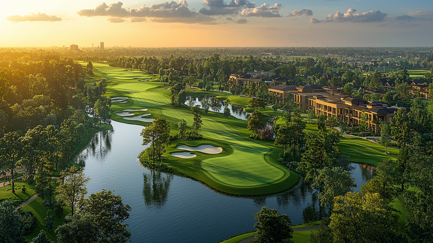 Aerial View of Golf Course and Buildings Nearby