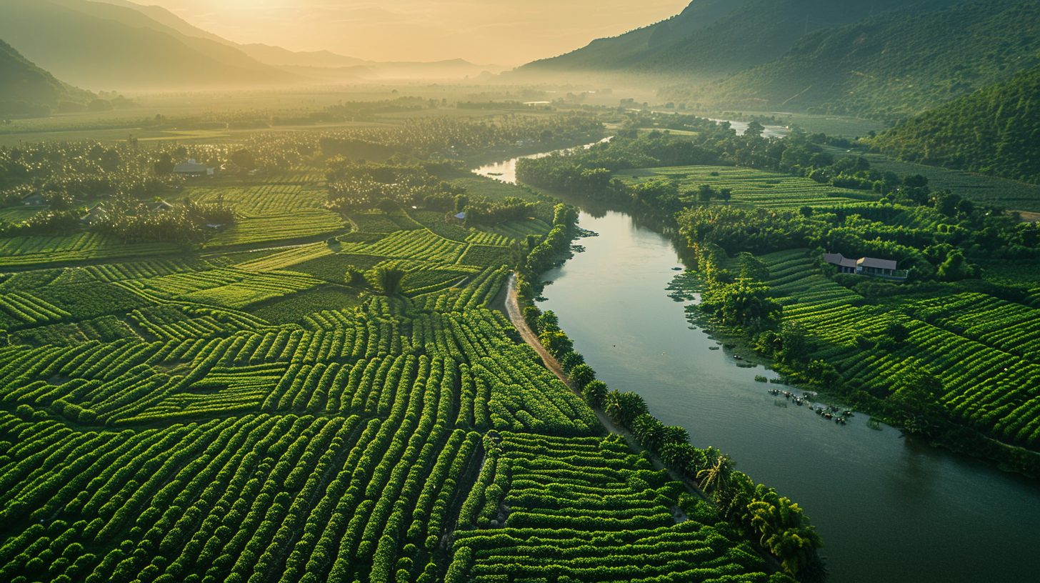 Aerial View of Kampot's Sunlit Pepper Plantations